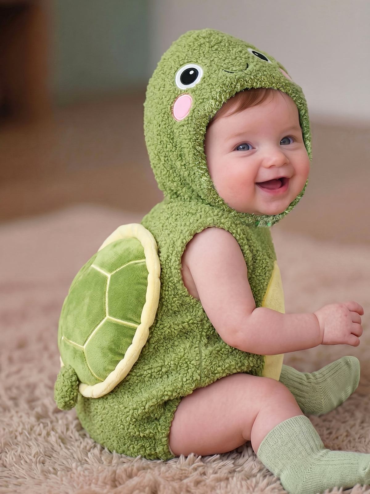 Adorable Turtle Romper Set, Paired with a Matching Cute Turtle Hat and Sleeveless Onesie. The Turtle Shell Design on the Back Adds a Playful Touch. Made from Warm, -friendly Fabric with a Loose Fit for Comfortable Movement. Features Snap Buttons